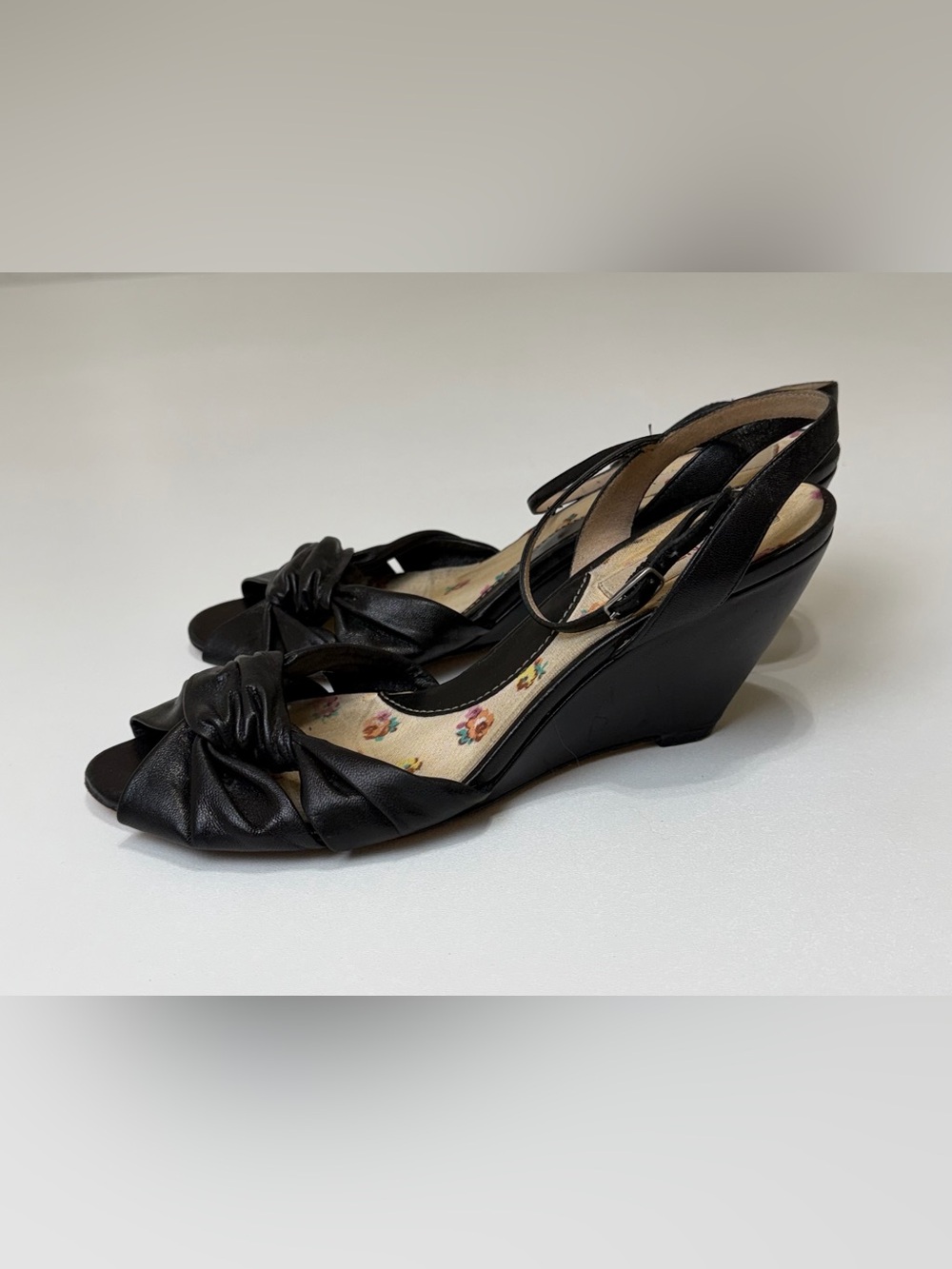 Vtg Kenzo Black Leather Knot Slingback Wedge Sandals Floral Footbed EU 40